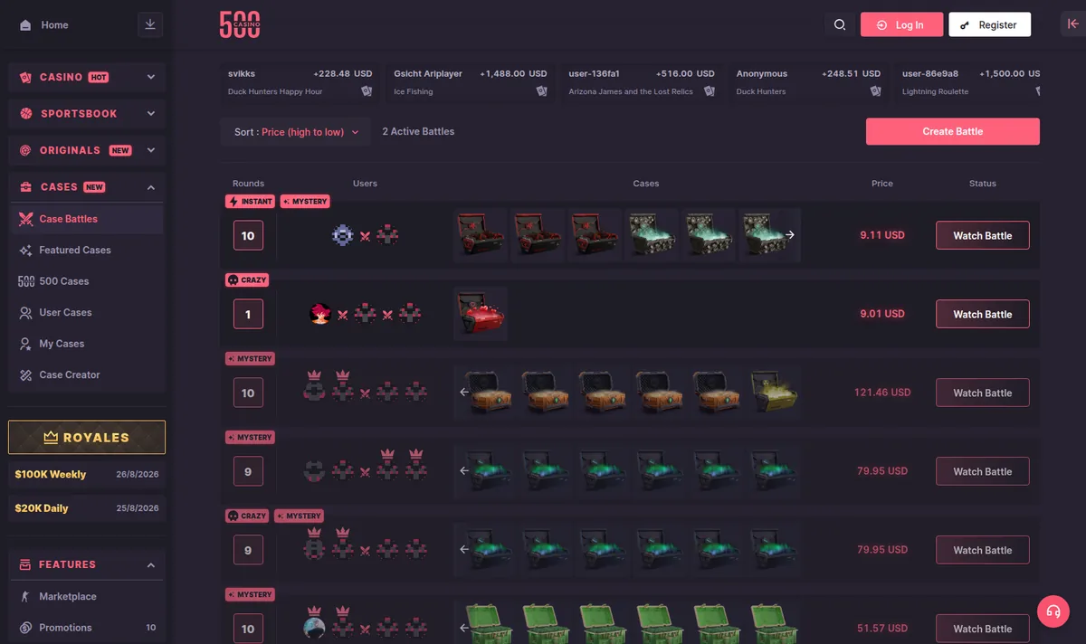 The 500 Casino Case Battles lobby list, with entry cost, mode and players waiting