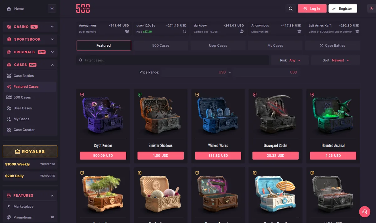 The 500 Casino case catalogue, showing each case with its price and the top items inside