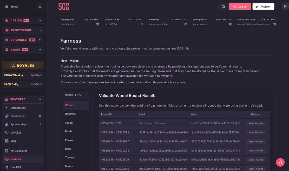 The 500 Casino fairness page, listing round IDs, seeds and hashes for every game mode