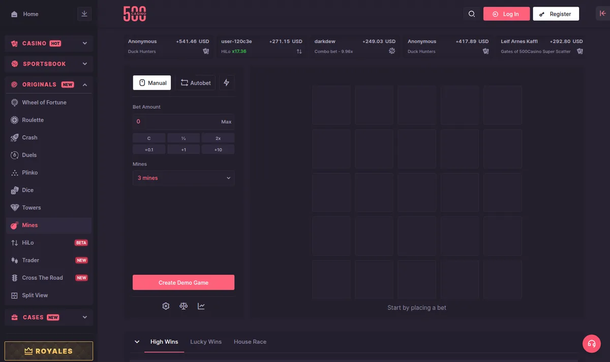 500 Casino Mines — the tile grid, bomb count and the running multiplier