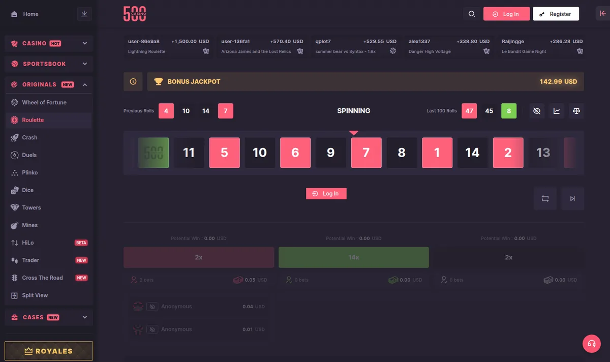 500 Casino Roulette, with the Bonus Jackpot bar, previous rolls and the live bet columns