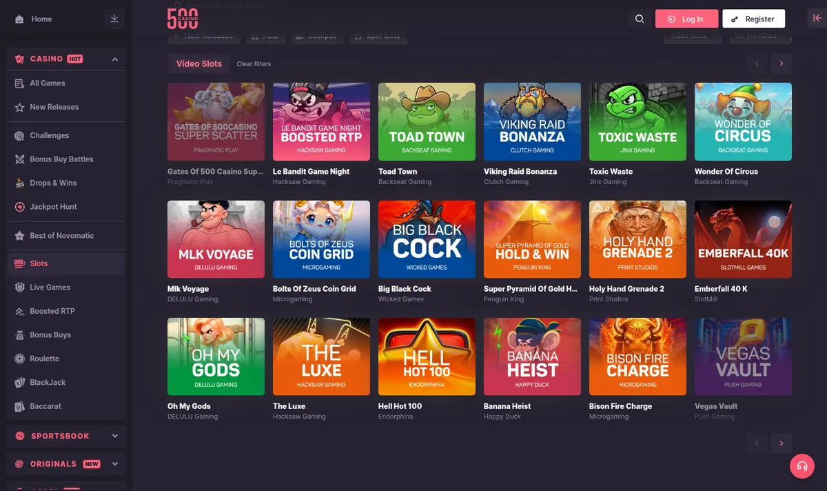The 500 Casino slots lobby — 4,613 titles across Novomatic, Hacksaw Gaming and Evolution